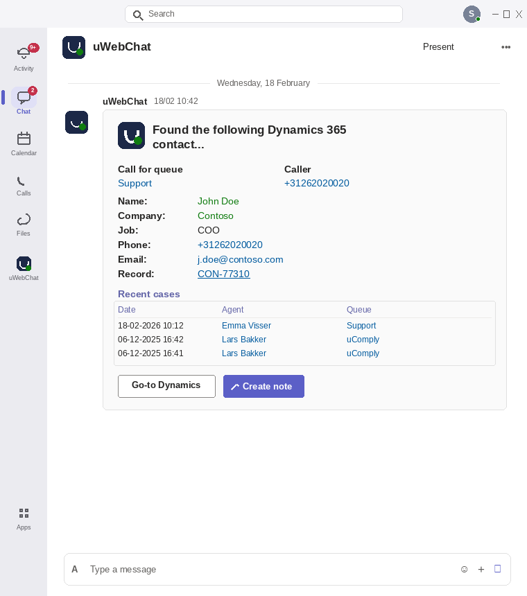 uContactManager Adaptive Card in Microsoft Teams met Microsoft Dynamics 365-klantgegevens