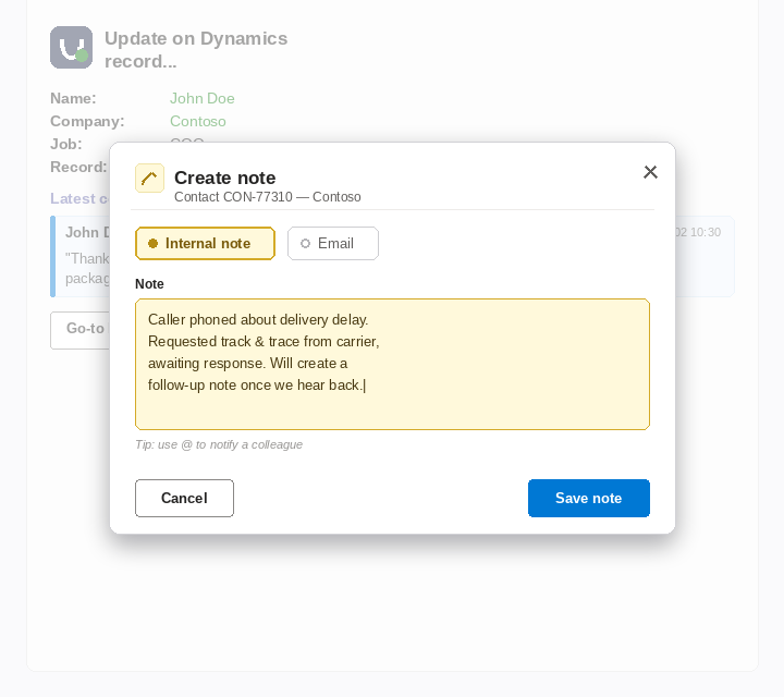 Pop-up 'Create note' op een Dynamics 365-record vanuit Microsoft Teams