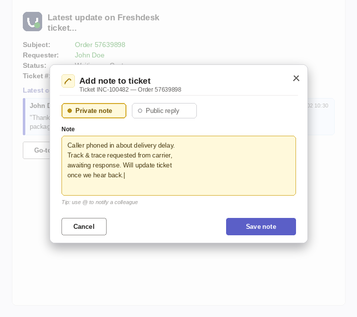Pop-up 'Notitie toevoegen aan ticket' op een Freshdesk-ticket vanuit Microsoft Teams