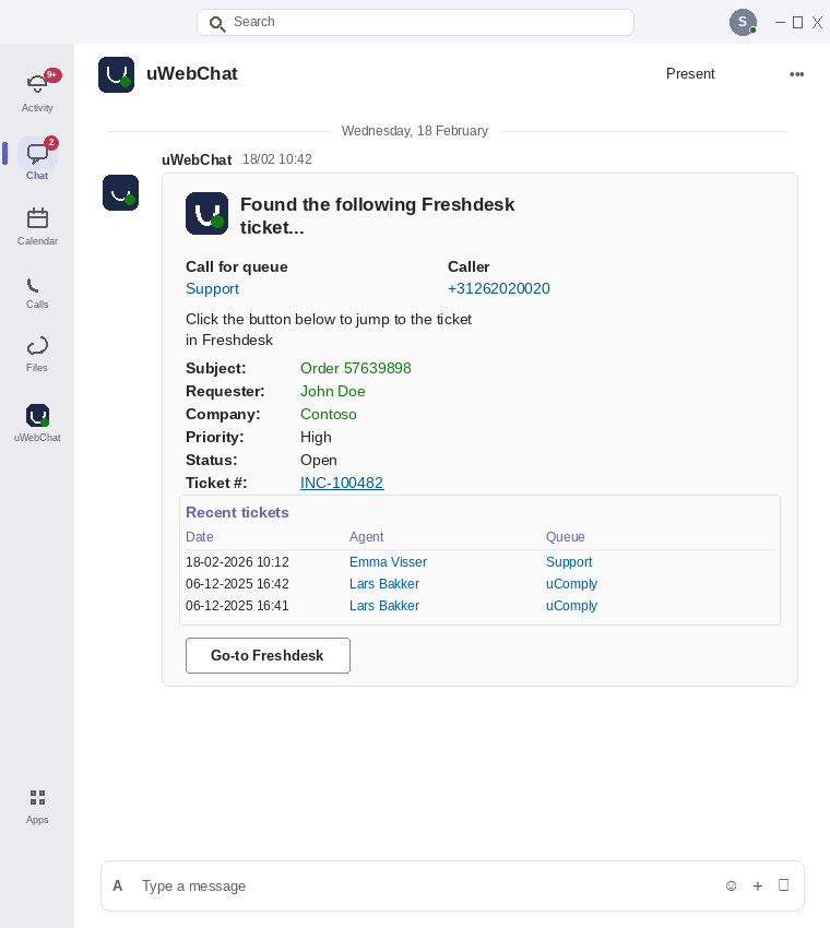 uContactManager Adaptive Card in Microsoft Teams met een Freshdesk-ticket en recente tickets