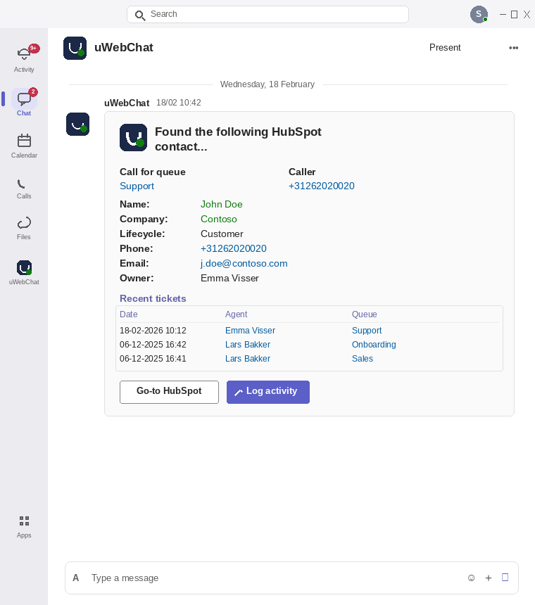 uContactManager Adaptive Card in Microsoft Teams met HubSpot-contactgegevens en recente tickets