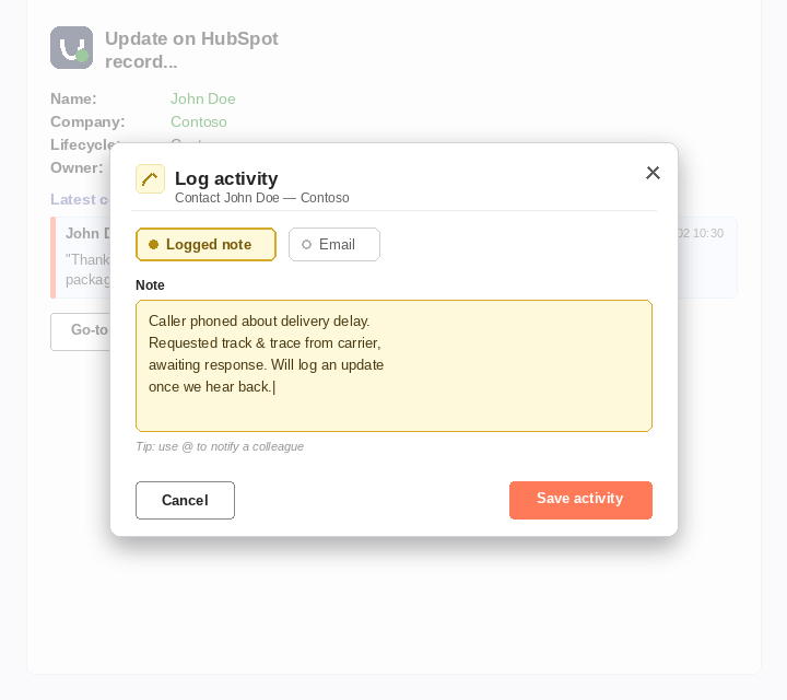 Pop-up 'Log activity' op een HubSpot-record vanuit Microsoft Teams