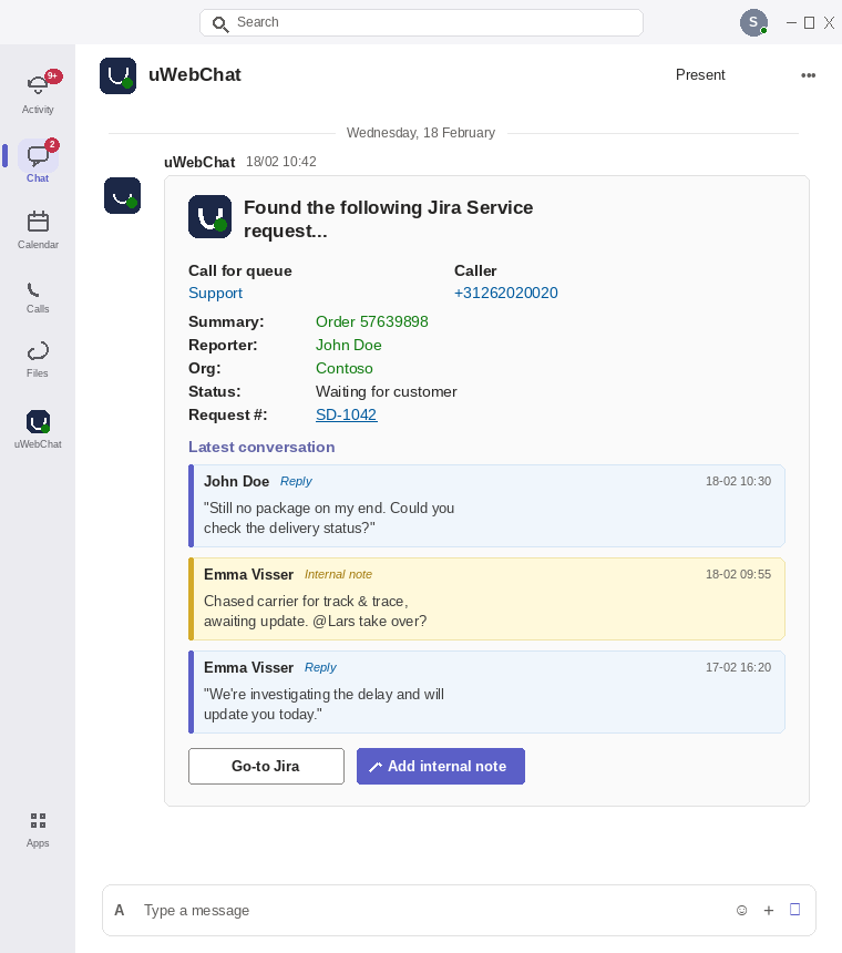 uContactManager Adaptive Card in Microsoft Teams met een Jira Service Management-aanvraag