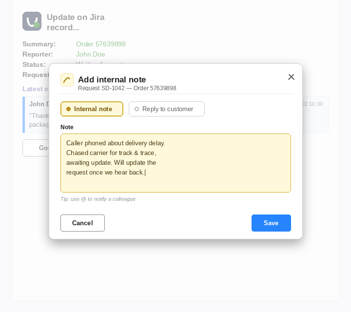 Pop-up 'Add internal note' op een Jira-aanvraag vanuit Microsoft Teams