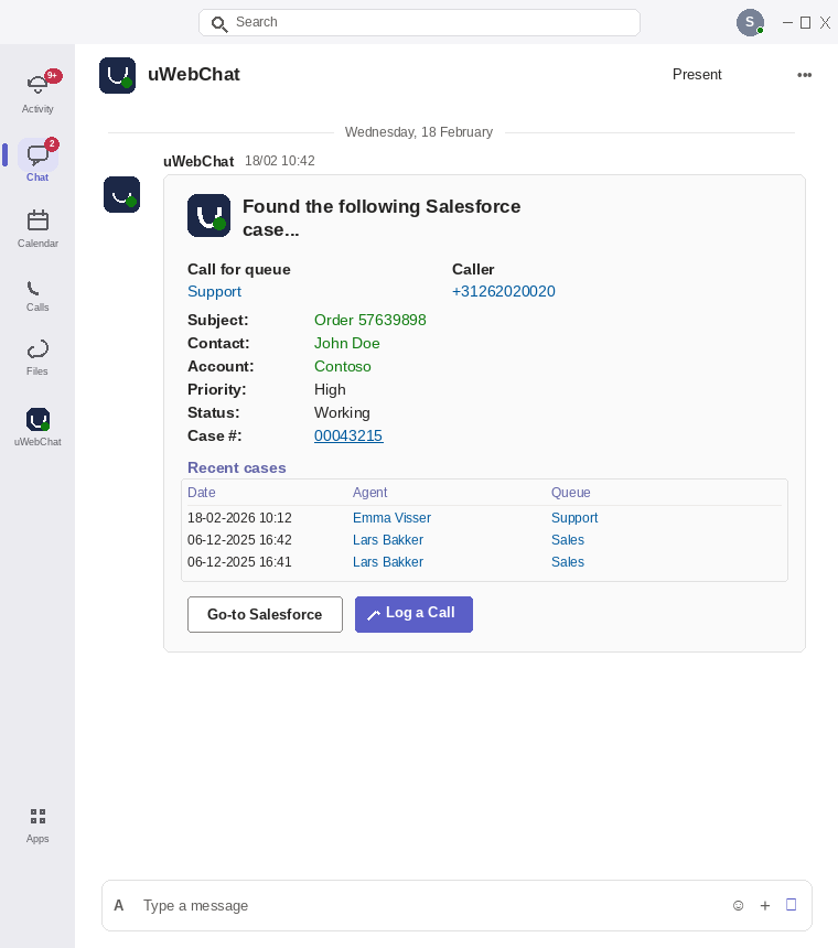 uContactManager Adaptive Card in Microsoft Teams met Salesforce-account- en contactgegevens