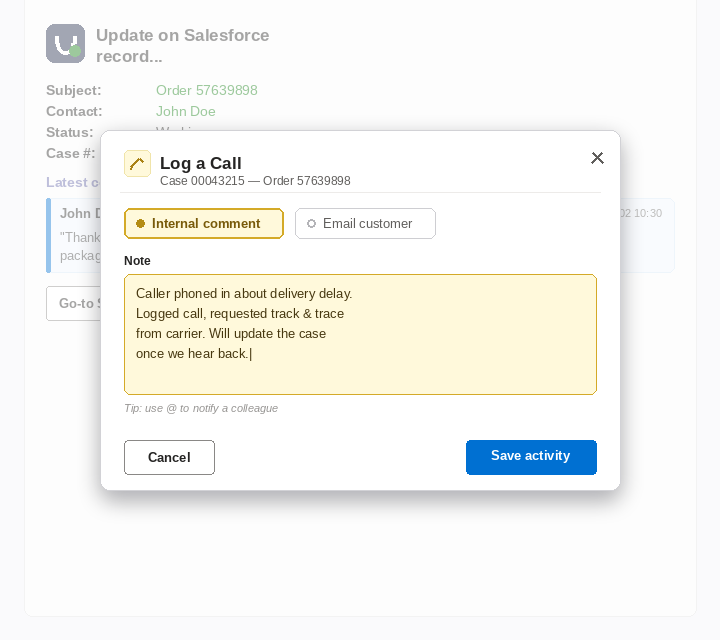 Pop-up 'Log a Call' op een Salesforce-case vanuit Microsoft Teams