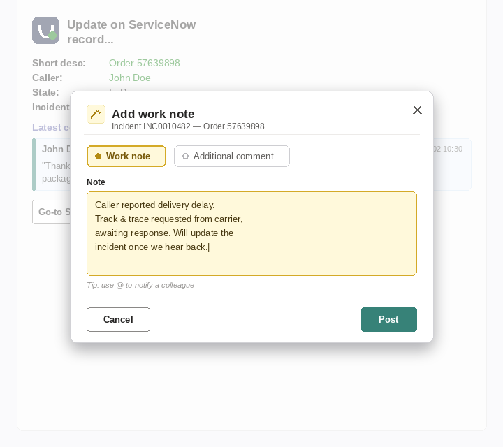 'Add work note' popup on a ServiceNow incident from Microsoft Teams