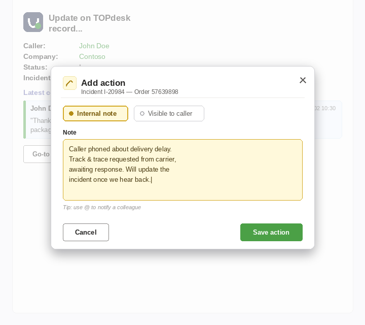 Pop-up 'Add action' op een TOPdesk-melding vanuit Microsoft Teams