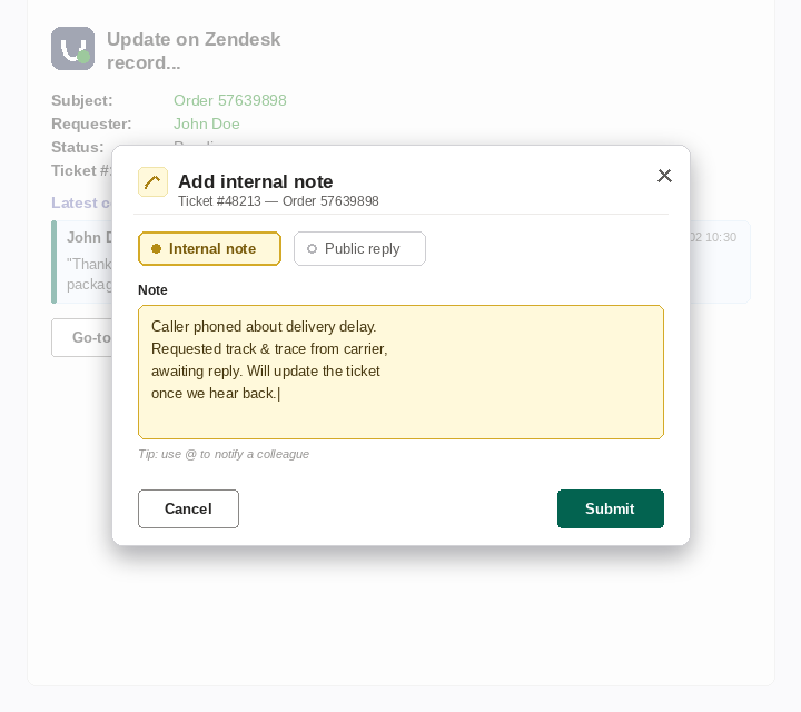 Pop-up 'Add internal note' op een Zendesk-ticket vanuit Microsoft Teams
