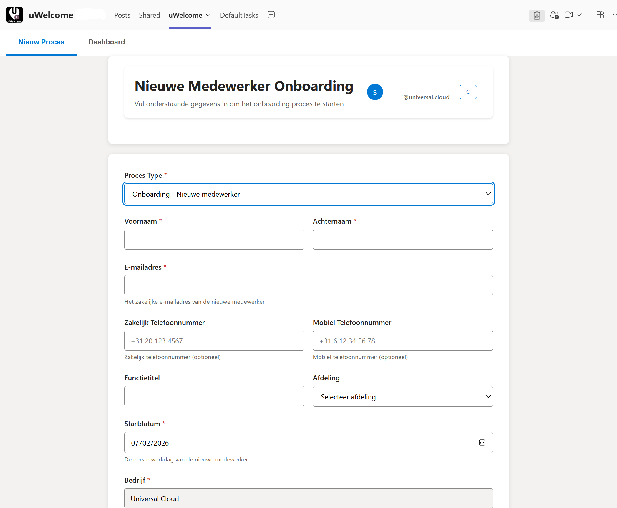 uWelcome onboarding formulier in Microsoft Teams