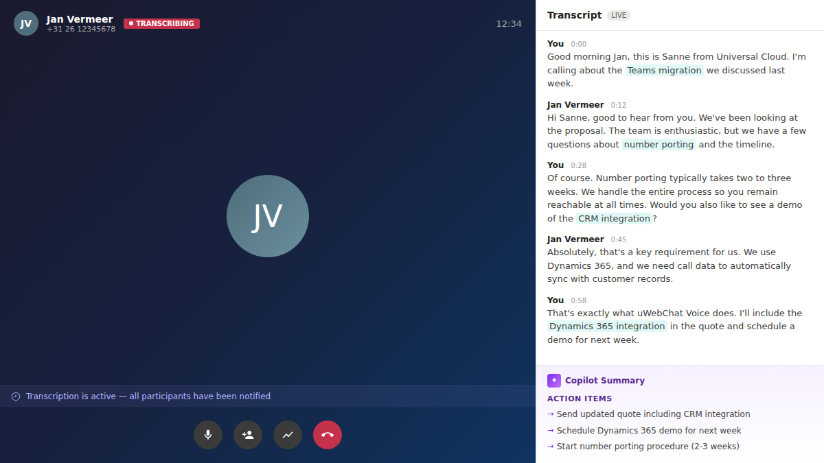 A Teams call with live transcription and Copilot summary