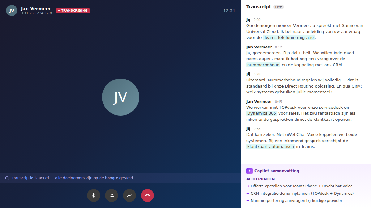 Een Teams-gesprek met live transcriptie en Copilot-samenvatting