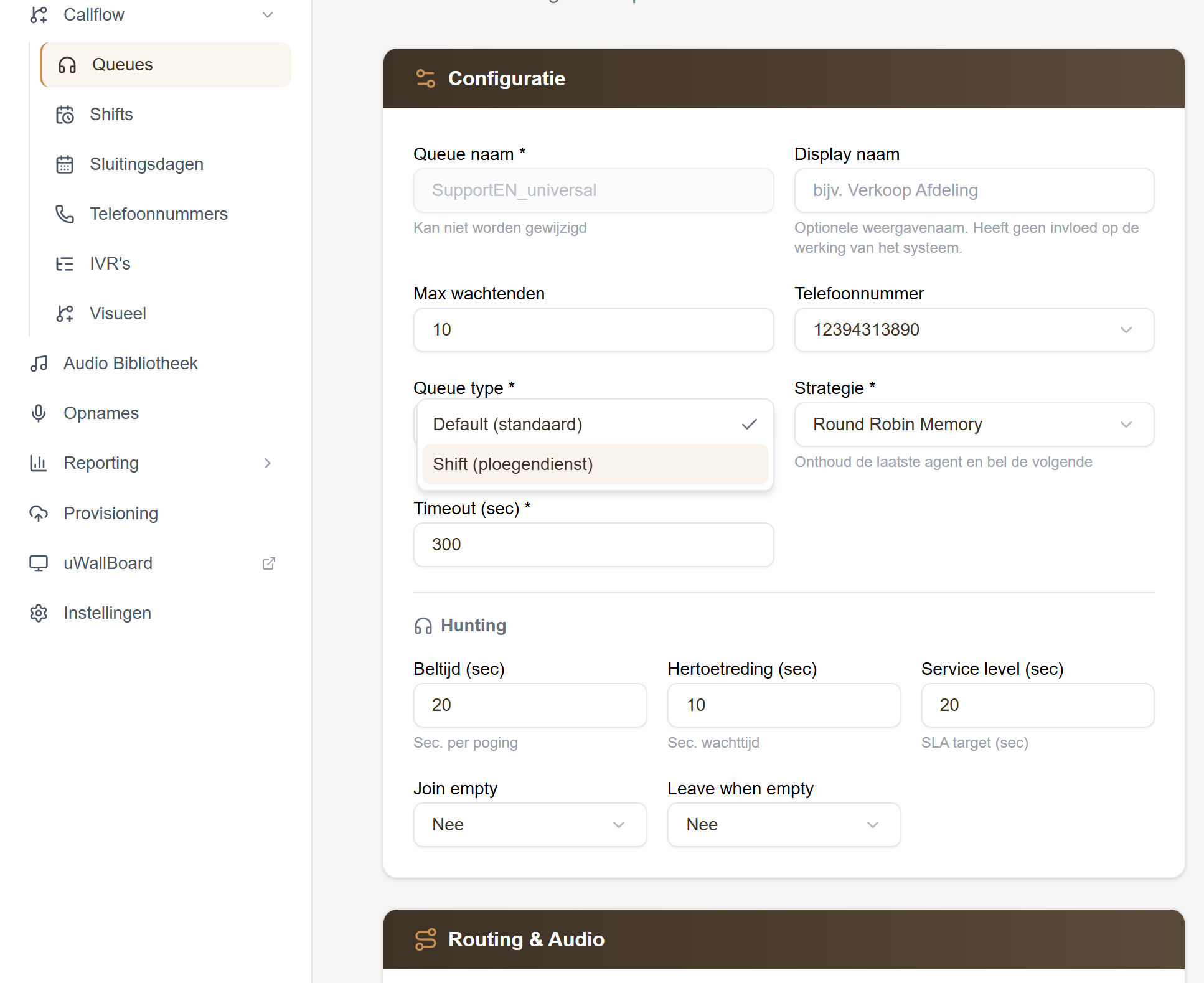 Choosing the queue type: Default or Shift in the uWebChat Voice Portal